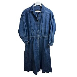 Vintage Eddie Bauer Dress Womens XL Blue Maxi Denim Gathered Waist Cottagecore